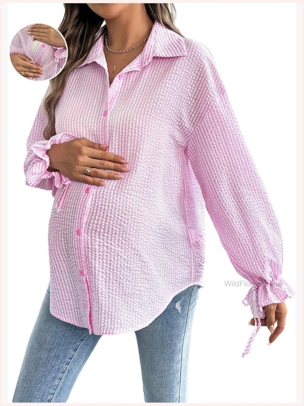 Maternity Striped Long Sleeve Button Down Blouse with Collar